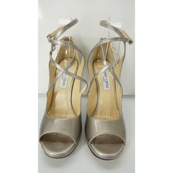 Jimmy Choo Beige Metallic Patent Atlas Strappy Platform Sandals - Picture 9 of 10